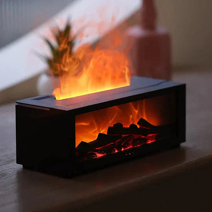 Fireplace diffuser providing humidification, fragrance diffusion, night light, and ambient lighting with a 150ml capacity.