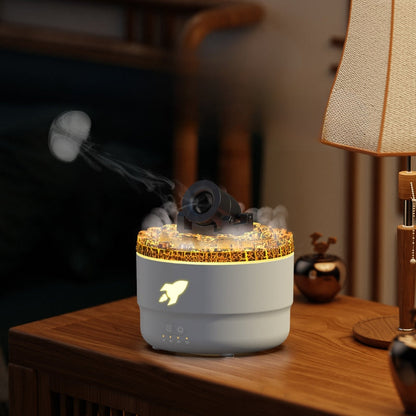 Cannon-shaped essential oil diffuser with eco-friendly material on a wooden table.