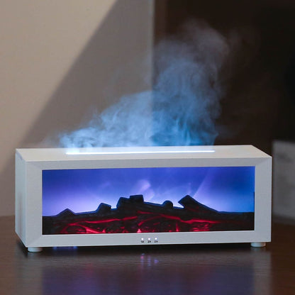 Fireplace diffuser with humidification, fragrance, and ambient lighting features.