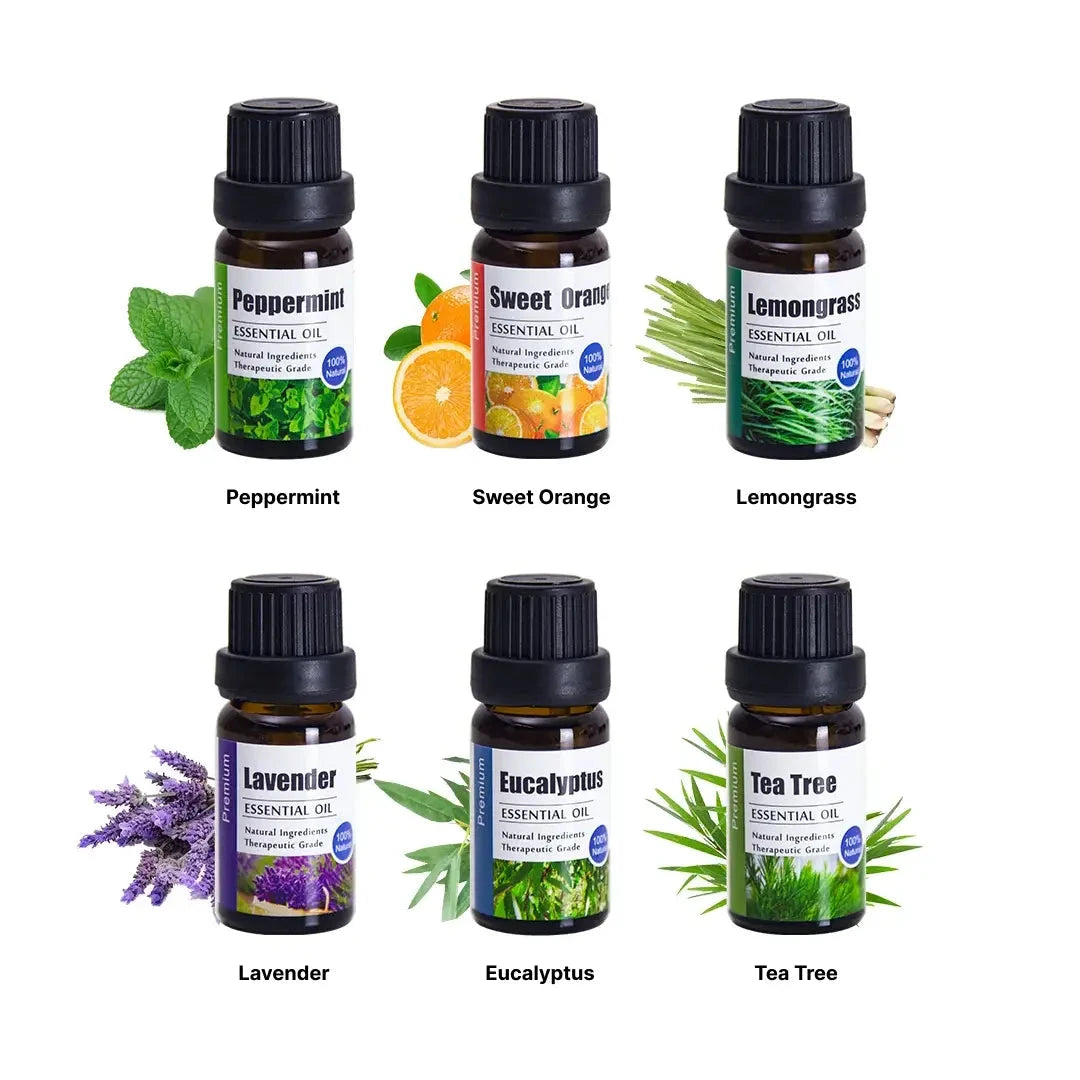 Essential Oils Set with 6 distinctive scents in 10ml bottles: Peppermint, Sweet Orange, Lemongrass, Lavender, Eucalyptus, Tea Tree. Perfect for diffusers.